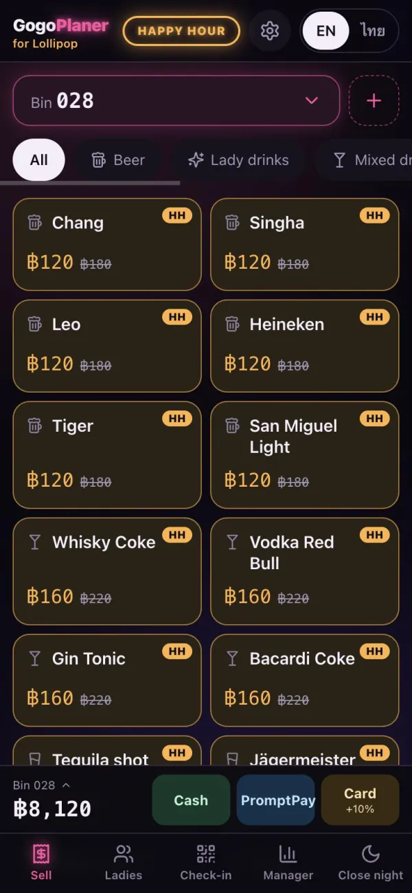 Happy Hour active: beers ฿120 instead of ฿180, mixed drinks ฿160 instead of ฿220